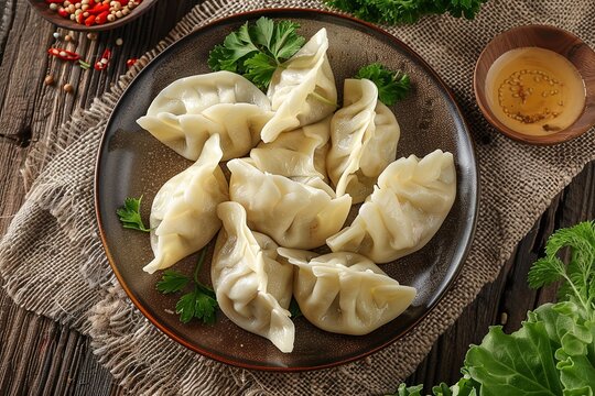 Close-up of steamed dumplings on a brown plate with parsley and a wooden background.