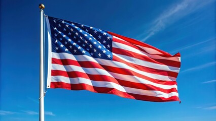 Obraz premium Vibrant American flag waving against clear blue sky, symbolizing patriotism, freedom