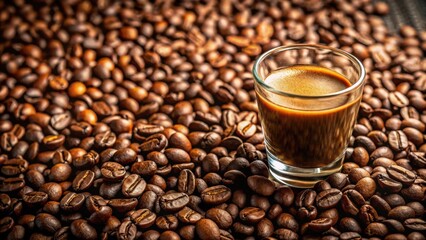 Fototapeta premium Closeup of roasted coffee beans and espresso shot in a still life setting, roasted coffee beans, espresso shot, closeup