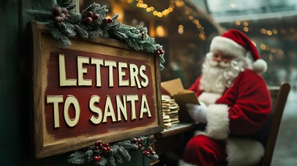 A sign that reads &ldquo;LETTERS TO SANTA&rdquo; - Christmas - Santa is reading letters from children in blurred background - festive - North Pole - holiday - Santa&rsquo;s workshop 
