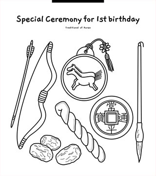 It is a traditional Korean culture. It is an old-fashioned tool to predict the future on a child's first birthday. They are bows and arrows, coins, threads, jujube, and japae. Translation: coins