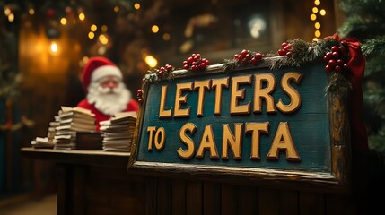 A sign that reads &ldquo;LETTERS TO SANTA&rdquo; - Christmas - Santa is reading letters from children in blurred background - festive - North Pole - holiday - Santa&rsquo;s workshop 
