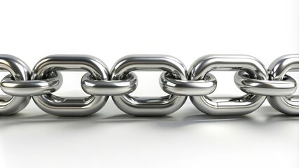Obraz premium Toothed chain with silver metallic links on a white background, industrial, mechanism, gear, macro, close-up