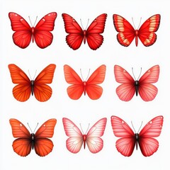 Nine Red Butterflies Isolated on White Background