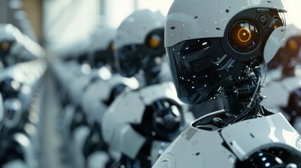 Fototapeta premium Futuristic cinematic ai robot workforce in a high-tech environment - digital illustration of advanced robotics operating in a modern industrial setting, perfect for technology, automation, and artific