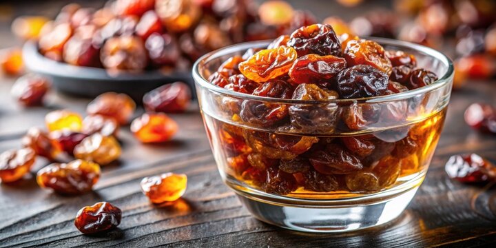 Close-up of rum raisins soaked in liquor, rum, raisins, alcohol, sweet, dessert, gourmet, treat, fruity, soaking, drink