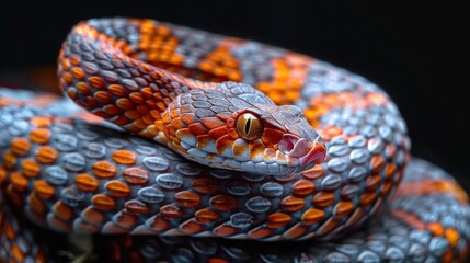 Fototapeta premium A close-up image of a snake's head displaying its vivid and intricate color pattern,