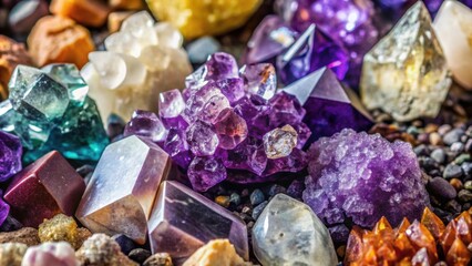 Close-up of a diverse natural mineral collection including quartz, amethyst, and pyrite, minerals, natural, collection