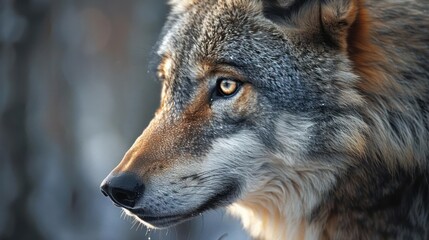Fototapeta premium A close-up portrait of a wolf's head, showing its eyes and snout in detail.