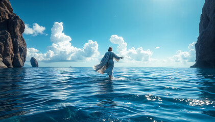 Fototapeta premium Jesus walking on water biblical conceptual theme. Religious concept.