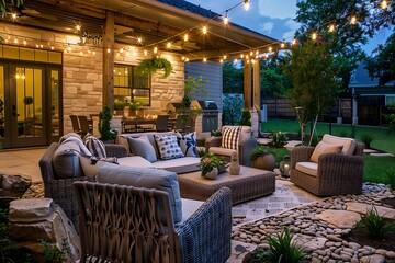 Fototapeta premium Outdoor patio with armchairs, tables and plants in the evening