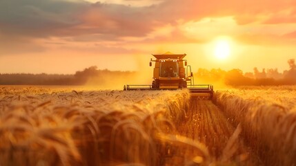 Fototapeta premium Harvesting Wheat at Sunset