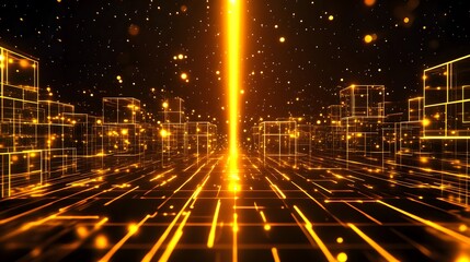 Fototapeta premium Futuristic Sci-Fi Digital Road with Glowing Cubes, Yellow Laser Beam on Dark Background