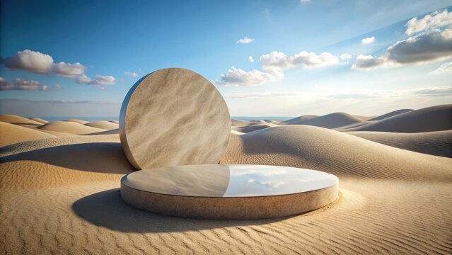 Round stone podium with mirror backplate on sand dunes background ,  rendering, premium, pedestal, showcase