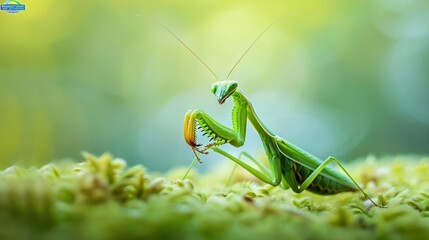 A close-up of a green praying mantis with its mouth open,