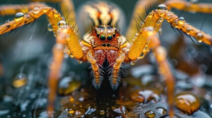 Fototapeta premium Close-up portrait of a male orange and black striped spider's face, showing its eyes, mandibles,
