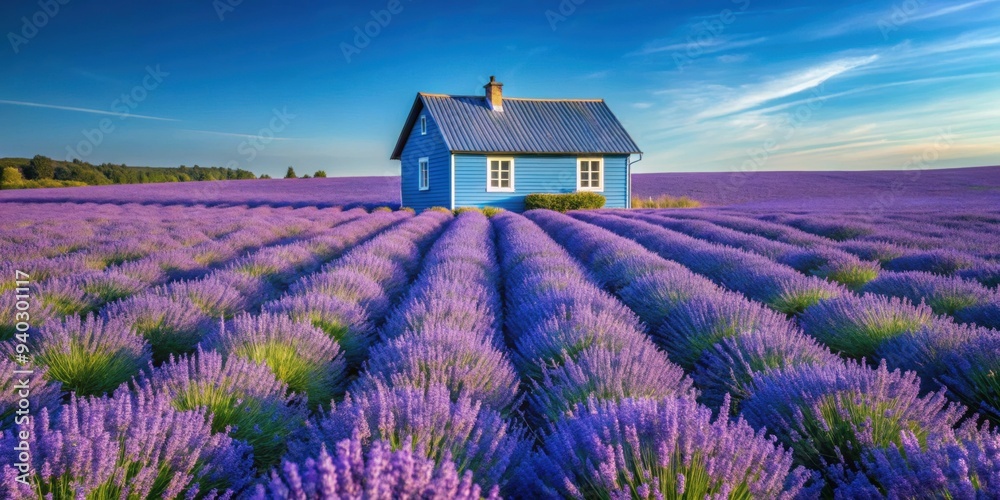 Wall mural blue rural house in a lavender field, blue, farm, rural, house, lavender, field, countryside, summer