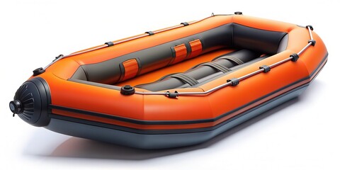 Naklejka premium A sleek, modern inflatable raft floats against a crisp white background, its bright orange and black accents popping against the clean, minimalist setting.