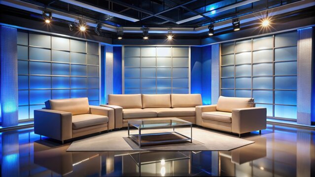 Empty TV studio talk show set with modern sofa and no audience, talk show, studio, television, interview, communication