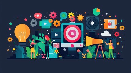 Illustration of digital marketing concepts with icons like lightbulb, target, and gears symbolizing creativity, technology, and strategy.