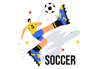 Soccer Vector Illustration featuring a Man Kicking a Soccer Ball on a Green Field for a Football League and Sports Match in a Flat Cartoon Background