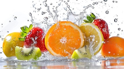 various fruits falling from a height, splashing into water, with fresh detail, isolated on a white background