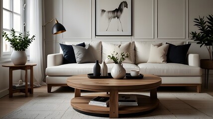 Round wood coffee table against white sofa. Scandinavian home interior design of modern living room.