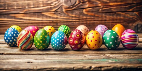 Colorful Easter eggs on rustic wooden background, perfect for Easter Monday celebration, Easter, eggs, colorful