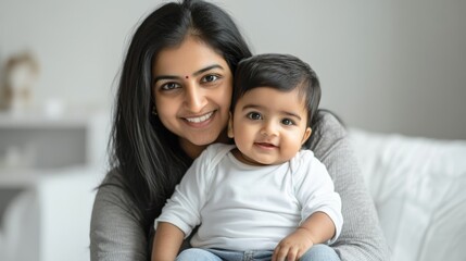 A blissful Indian mother cradles her baby in her arms, both smiling at the camera. The image conveys a sense of love, care, and happiness within a family. The soft lighting and warm colors enhance the