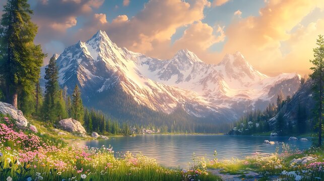Serene Mountain Lake at Sunrise: A breathtaking panorama of snow-capped mountains, reflecting in a crystal-clear lake, bathed in the golden light of dawn, with vibrant wildflowers blooming in the fore
