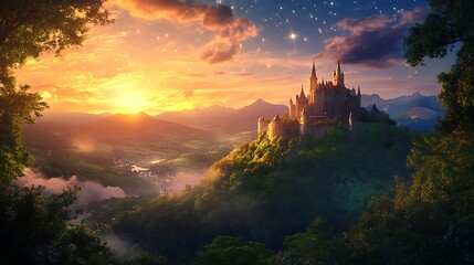 Enchanted Realm: Majestic Castle at Sunset 