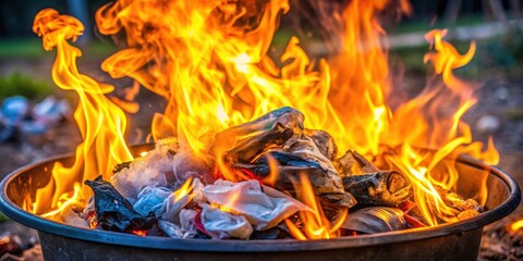 Stock photo of burning plastic garbage in a fire pit , environment, pollution, waste management, plastic, burning, trash