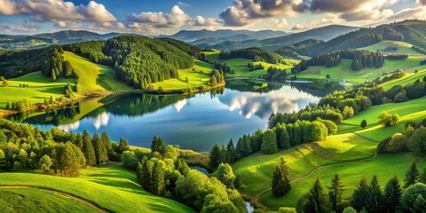 Lush green forests, rolling hills, and glassy lakes in a picturesque landscape, Nature, scenery, photography, landscape
