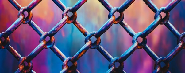 Fototapeta premium Chain Link Fence in Vibrant Hues, Chain Link, Fence, Texture , Macro Photography