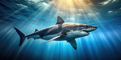 Fototapeta premium Majestic shark swimming in the deep sea , predator, marine life, ocean, underwater, fierce, danger, wildlife, carnivore