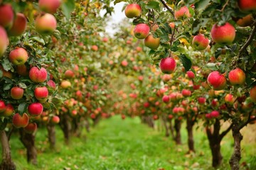 Red Apples Hanging on Branches in an Orchard