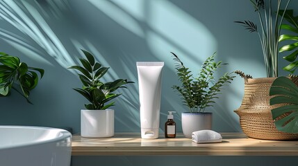 Mock up of toothpaste in a plain tube on a bathroom shelf, minimalist bathroom background 