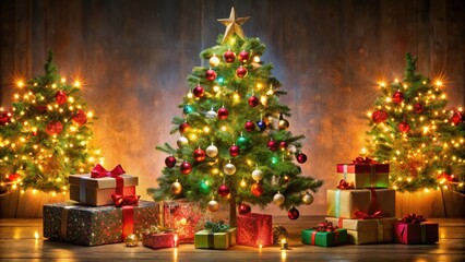 Decorated Christmas tree surrounded by twinkling lights and colorful gifts, Christmas, tree, lights, gifts, ornaments