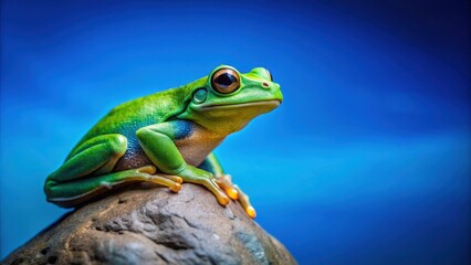 Vibrant frog perched on rock against deep blue background, frog, colorful, vibrant, rock, sitting, wildlife, nature