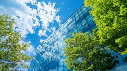 Low Angle View of Modern Building with Green Trees and Clouds Reflected in Glass Windows, urban landscape, city, architecture, building