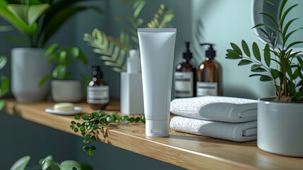 Mock up of toothpaste in a plain tube on a bathroom shelf, minimalist bathroom background 