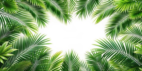 Palm tree leaves overlay on border of fresh green tropical plants isolated on background, palm tree, leaves, overlay, texture