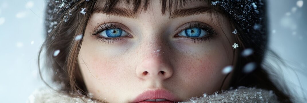 A close-up portrait of a young woman with blue eyes, captured in the winter. Snowflakes gently fall around her, creating a magical atmosphere. The image evokes a sense of serenity, beauty, and the fle