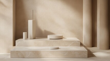 Minimalist Product Display with Beige Stone Steps, Beige Wall, and Sunlight, minimalist , product photography , beige , background