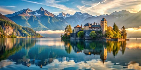 Fototapeta premium Ancient castle floating on a lake with breathtaking mountain views, castle, lake, mountains, scenic, landscape, ancient