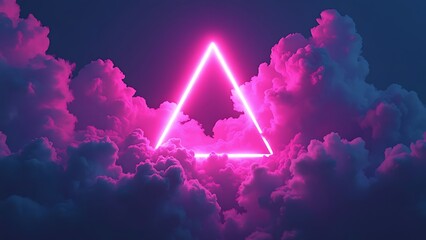 Abstract neon background with glowing square shape and spinning cloud. Blank geometric frame in the sky.