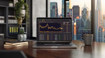 Computer screen laptop mockup featuring crypto business dashboard, ideal for financial technology and cryptocurrency presentations, with modern interface design and data analytics display