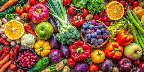 A stock photo featuring an assortment of colorful fruits and vegetables, healthy, nutrition, fresh,...