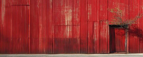 Red Corrugated Metal Wall with a Doorway and Branch, Industrial , Rusty , Doorway , Metal