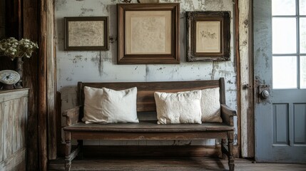 Rustic Wooden Bench with Pillows in a Vintage Room, wood, antique, vintage, rustic